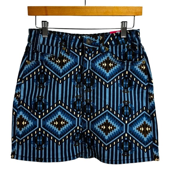 Rock & Roll Denim High Rise Skirt W 26 Blue Tribal Print Extra Stretch Advanced - Picture 1 of 7